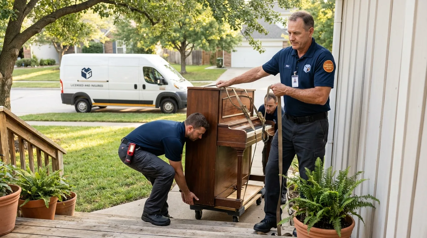 Licensed piano movers securing grand piano in Rothschild, WI