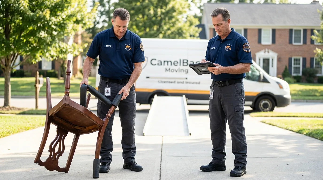 Movers inspecting furniture for damage prevention before loading in Rothschild, WI