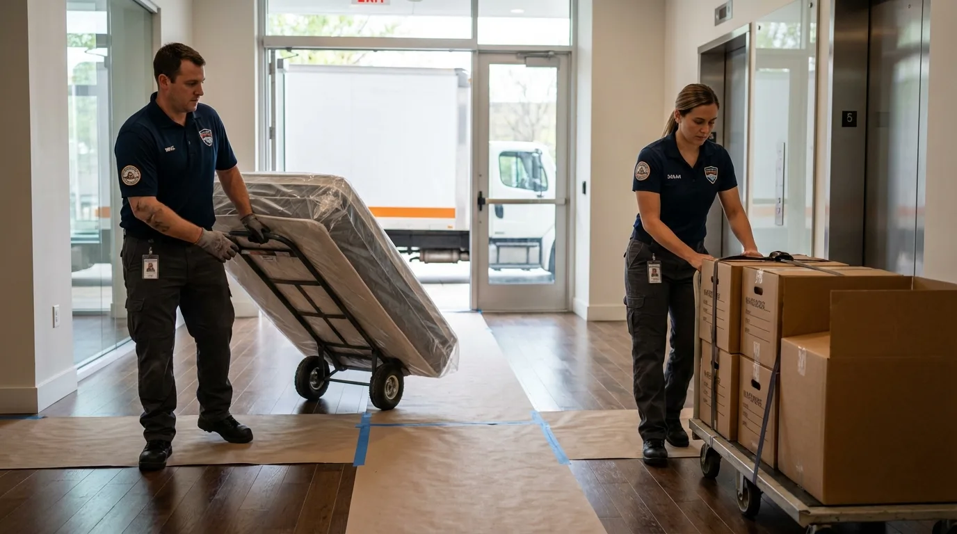 Professional apartment movers loading elevator in Rothschild, WI
