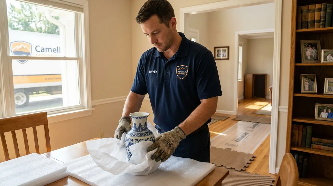 Professional crew carefully wrapping antique vase for senior downsizing move in Rothschild, WI