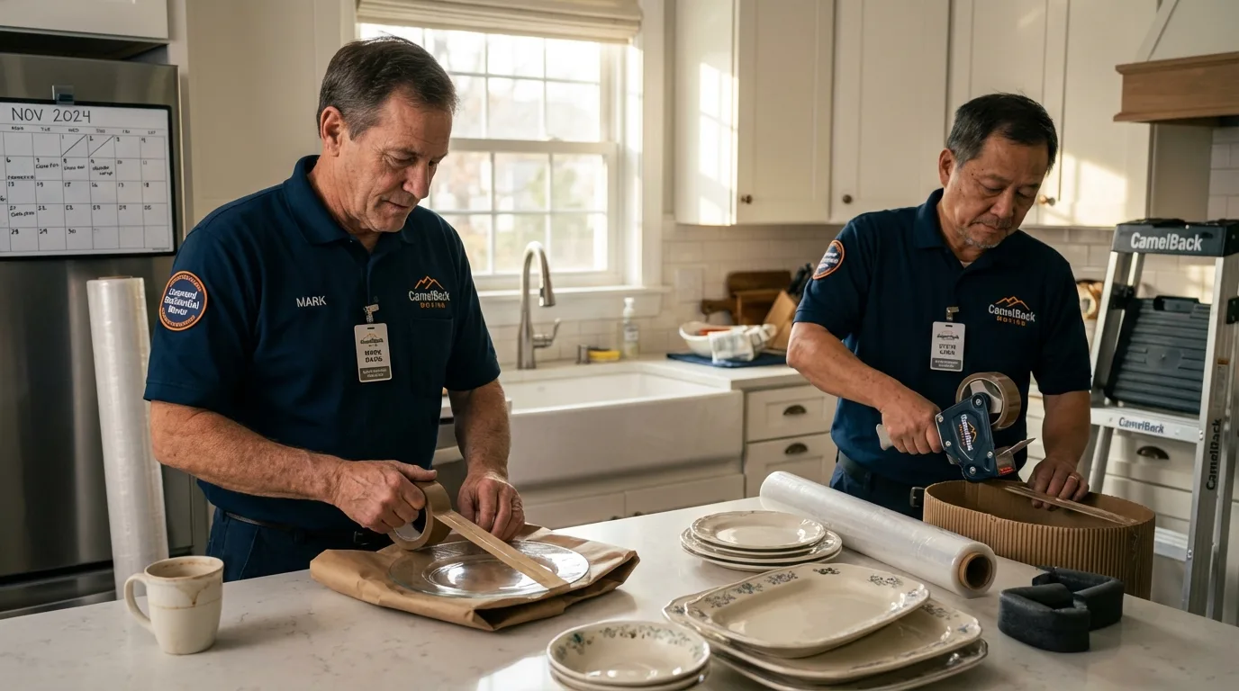Professional crew packing kitchen dishware in Rothschild, WI
